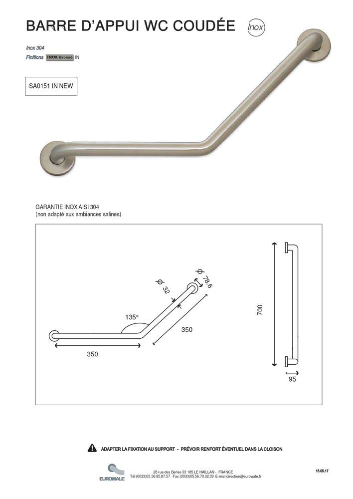 Image du produit BARRE D'APPUI WC COUDEE 135° D.32 INOX BROSSE